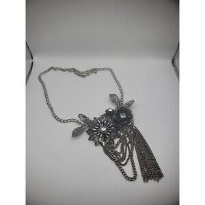 Vintage Silver Tone Chain Necklace Floral Flower Crystal Leaves Jewelry Costume